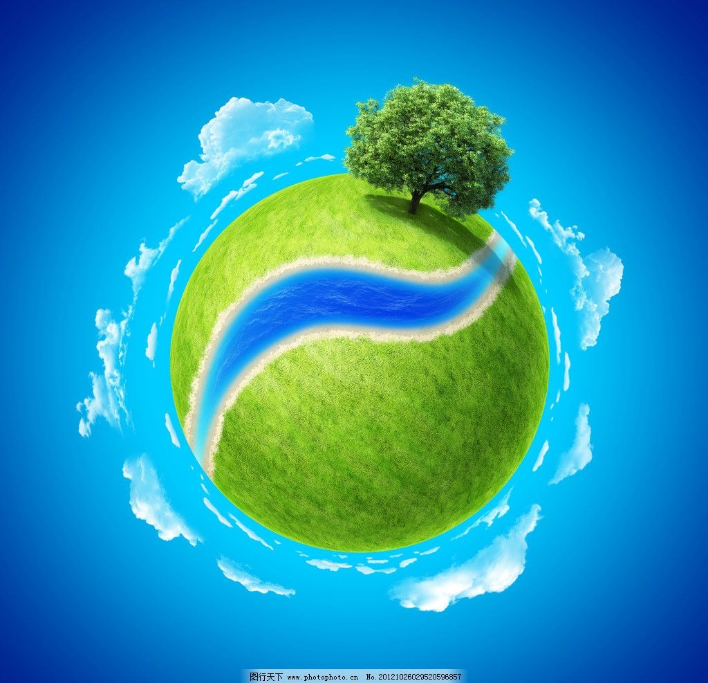 創意綠色地球 草地、河道與一棵樹的廣告設計素材